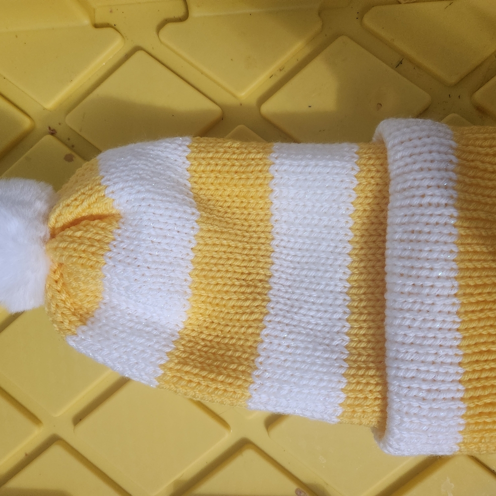 New! Striped Yellow and Sparkly White Pom-Pom Beanie